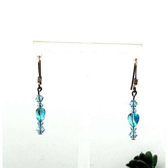 Handcrafted Dangle Earrings With Blue Glass Beads and Gold tone Hooks - Picture 2 of 3